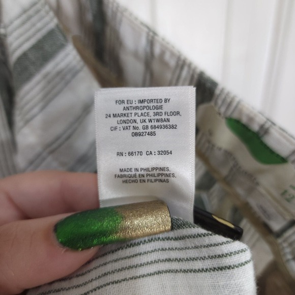 by Anthropologie Shorts Womens 12 White Green Stripe Pokets Linen Blend Beachy - Picture 10 of 10